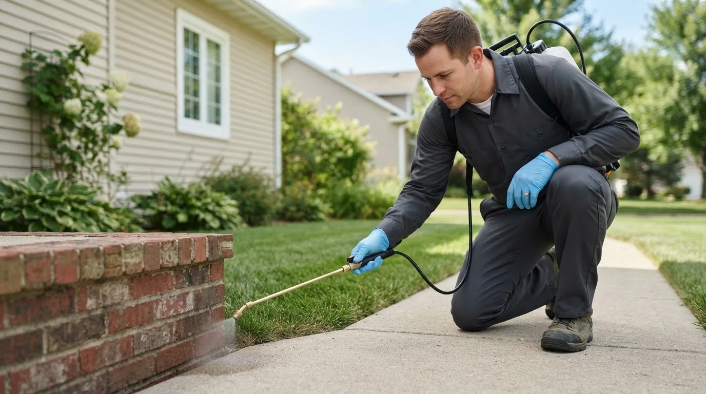 Pest control technician treating a home near East Earl, PA