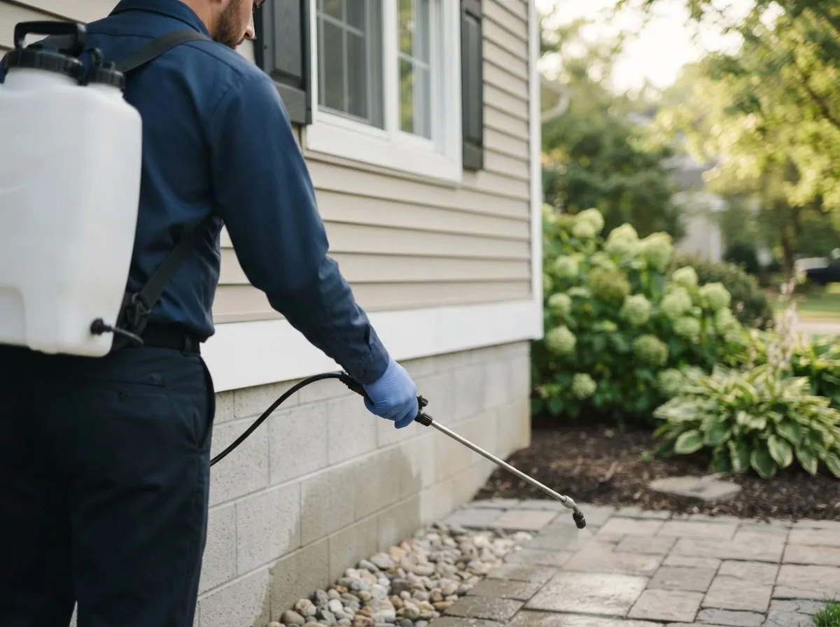 Pest control technician inspecting a home in East Earl, PA
